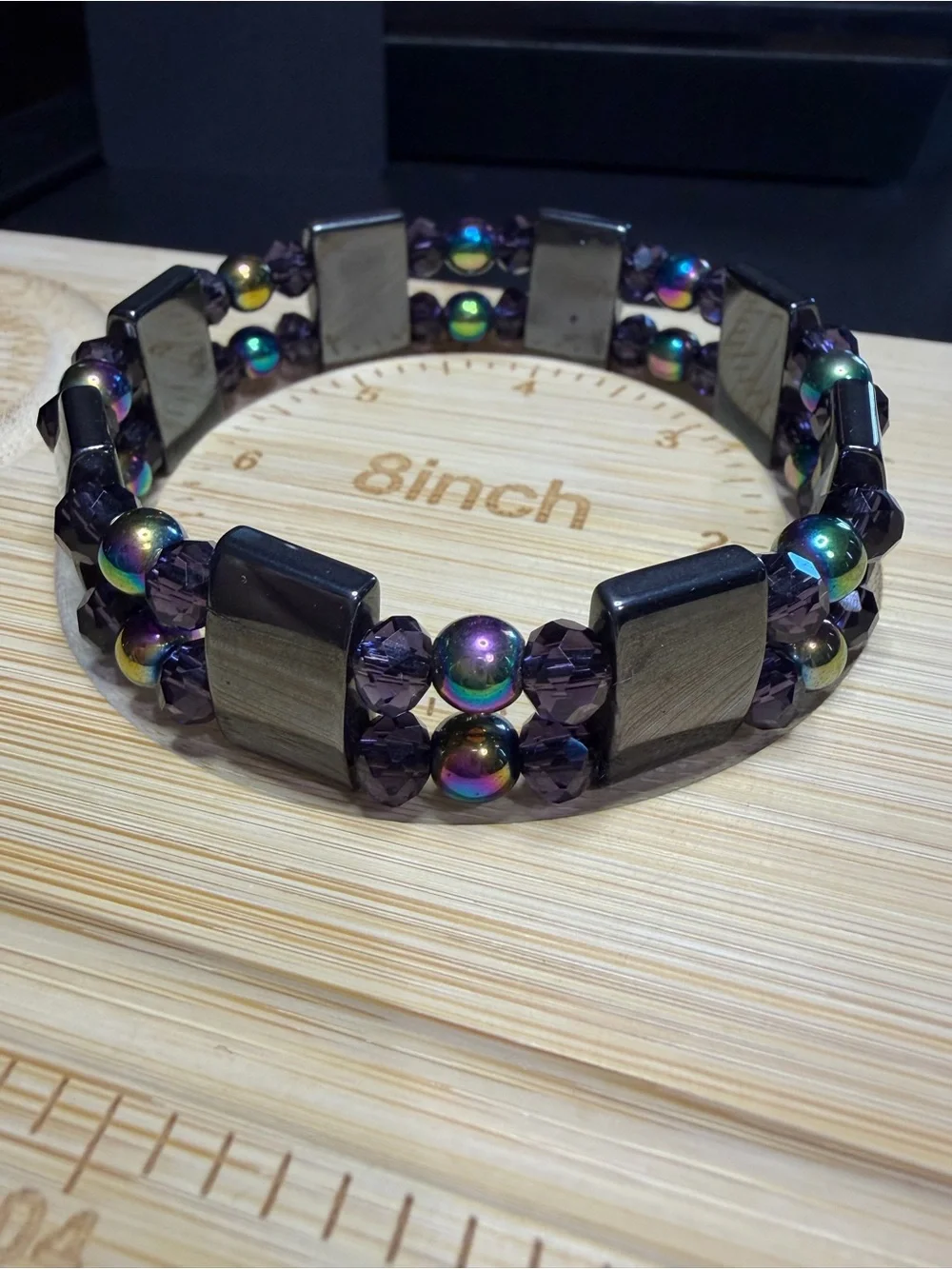 🌈Handmade Iridescent Rainbow Hematite & Dark Crystal Stretch Bracelet